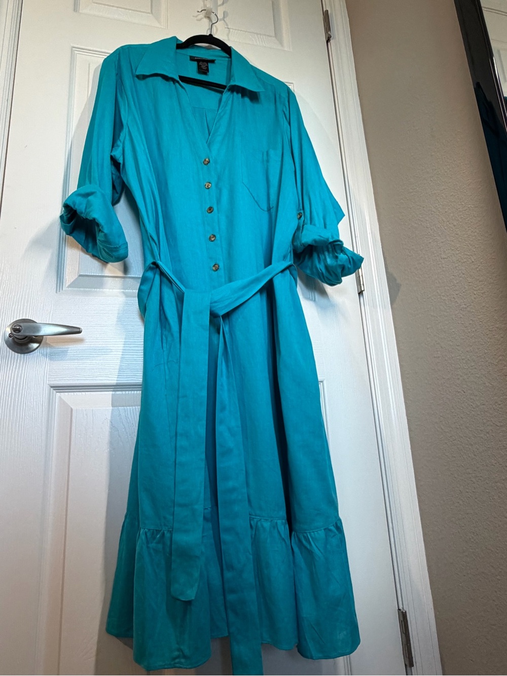 Ashley Stewart Turquoise Button-Front Midi Dress with Tie Waist